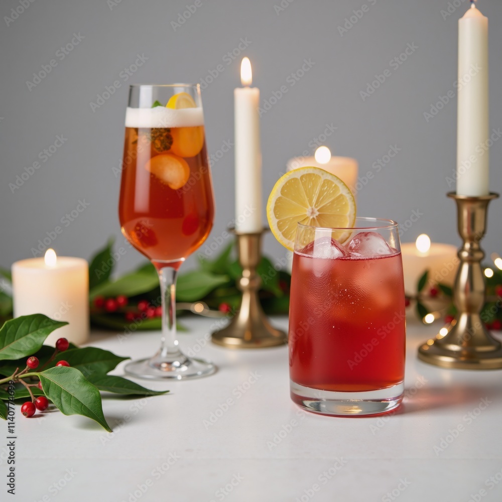 Christmas cocktails displayed with candles on tabletop setting Christmas cocktails displayed with candles on tabletop setting