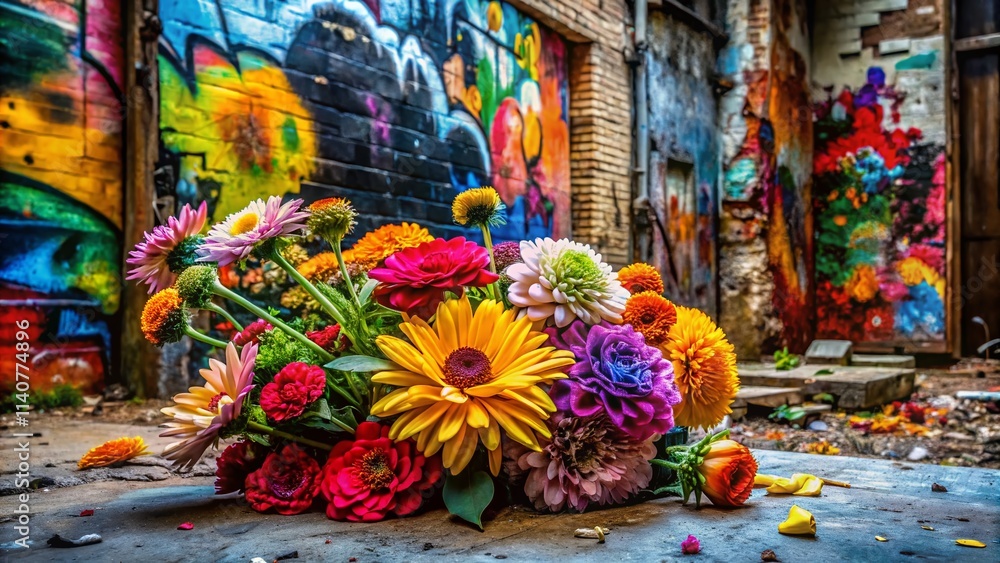 Fototapeta premium Urban Pop Art Flowers: Vibrant Graffiti Blooms & Decaying Beauty Photography