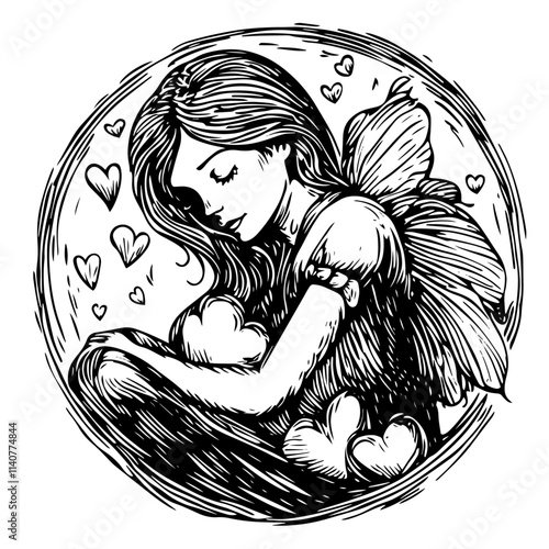 fairy girl wings, sleeping wing child reverie prayer hearts vector love heart romantic cute