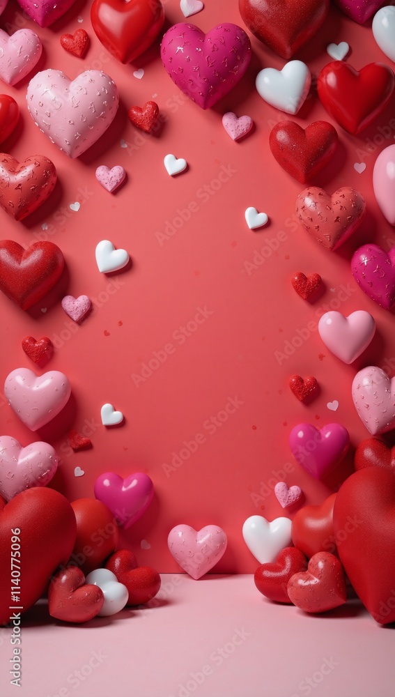 A vibrant Valentines Day backdrop featuring red pink and white heart motifs A vibrant Valentines Day backdrop featuring red pink and white heart motifs