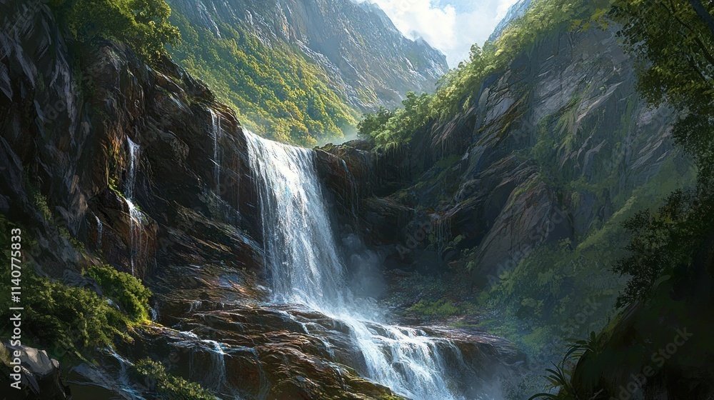 Majestic waterfall cascading down rocky mountain cliffs, lush greenery surrounds. Majestic waterfall cascading down rocky mountain cliffs, lush greenery surrounds.
