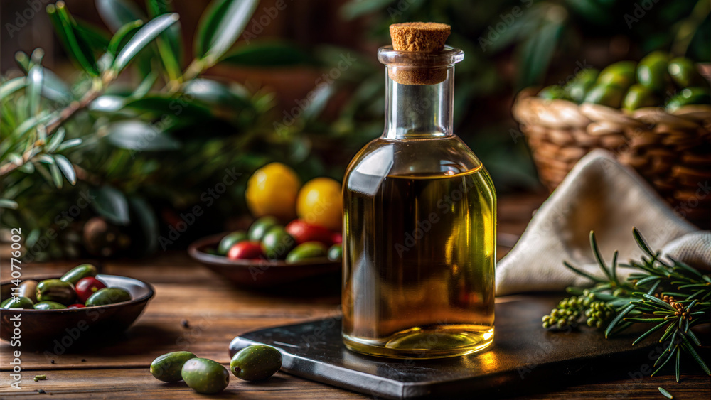 Bottle of olive oil surrounded by olives and herbs on wooden table Bottle of olive oil surrounded by olives and herbs on wooden table