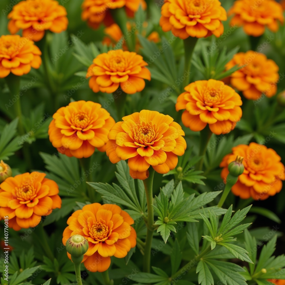 Vibrant orange marigolds on lush greenery floral decoration and botanical design isolated Vibrant orange marigolds on lush greenery floral decoration and botanical design isolated