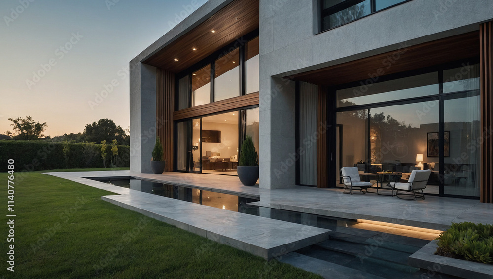 Modern house at dusk. Features large windows, a reflecting pool, and a patio. The exterior is primarily light gray concrete and dark wood. Landscaping includes a manicured lawn. Modern house at dusk. Features large windows, a reflecting pool, and a patio. The exterior is primarily light gray concrete and dark wood. Landscaping includes a manicured lawn.