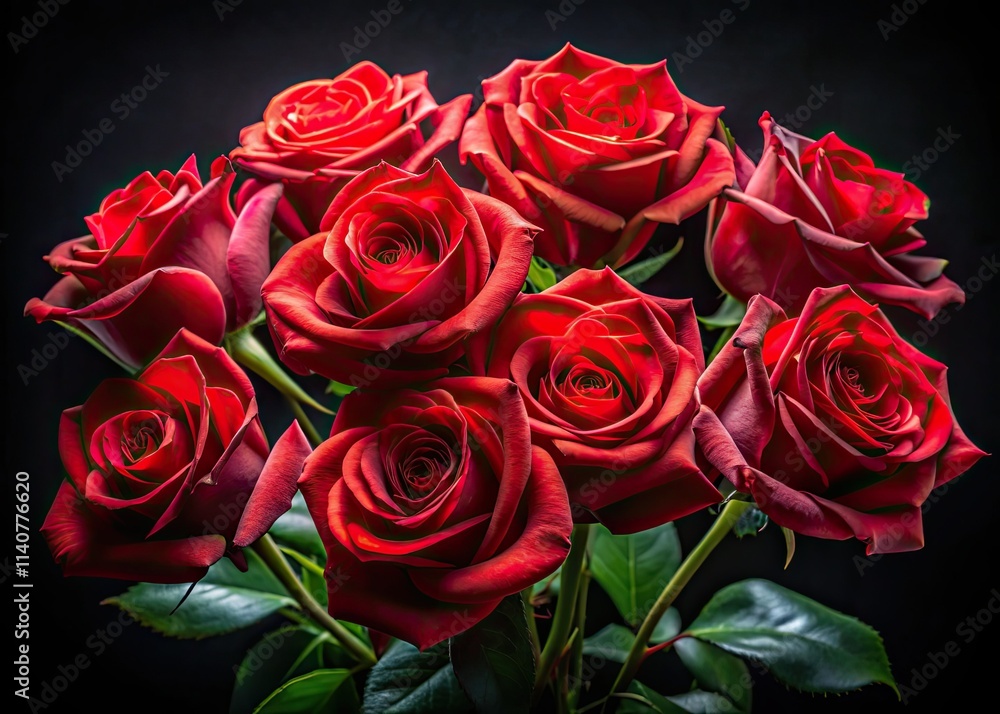 Obraz premium Velvet roses bloom in the night, a dark romantic bouquet against a black backdrop.