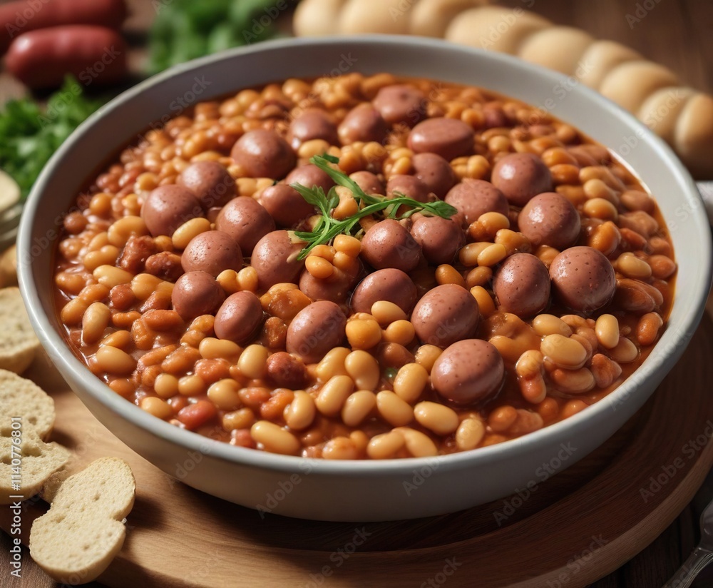 Hearty baked beans in a rich sauce on a plate of steaming sausage, hot dish, sausages Hearty baked beans in a rich sauce on a plate of steaming sausage, hot dish, sausages