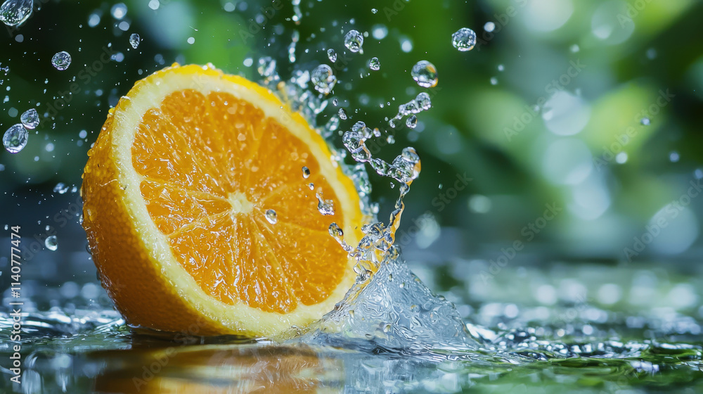 Fresh Orange Slice Splashes Water Droplets with Vibrant Colors, Creating a Refreshing and Invigorating Nature Scene in a Clear Background Fresh Orange Slice Splashes Water Droplets with Vibrant Colors, Creating a Refreshing and Invigorating Nature Scene in a Clear Background