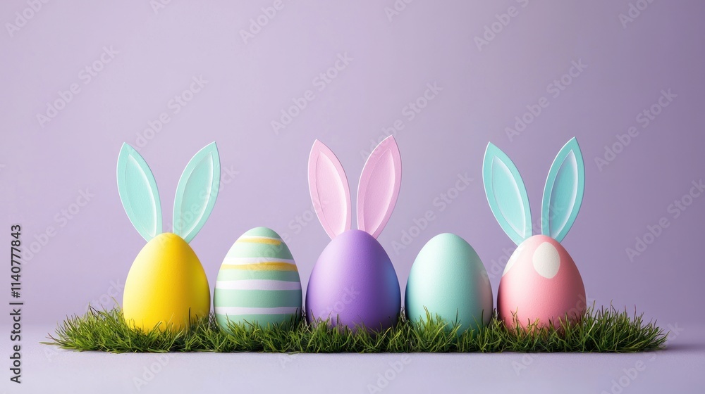 Colorful easter eggs display with bunny ears spring decor home environment playful concept Colorful easter eggs display with bunny ears spring decor home environment playful concept