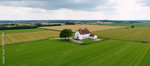 Breathtaking panorama of farmhouse fields and grasslands unfolding outdoors photo