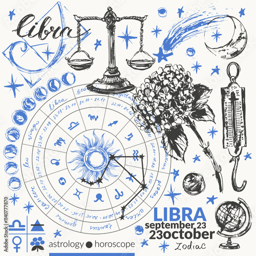 Hand drawn libra zodiac sign illustration, horoscope background with astrology symbols and talismans.