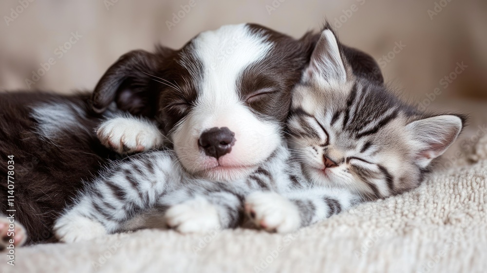 A sleeping puppy and kitten snuggled together on a soft surface. A sleeping puppy and kitten snuggled together on a soft surface.