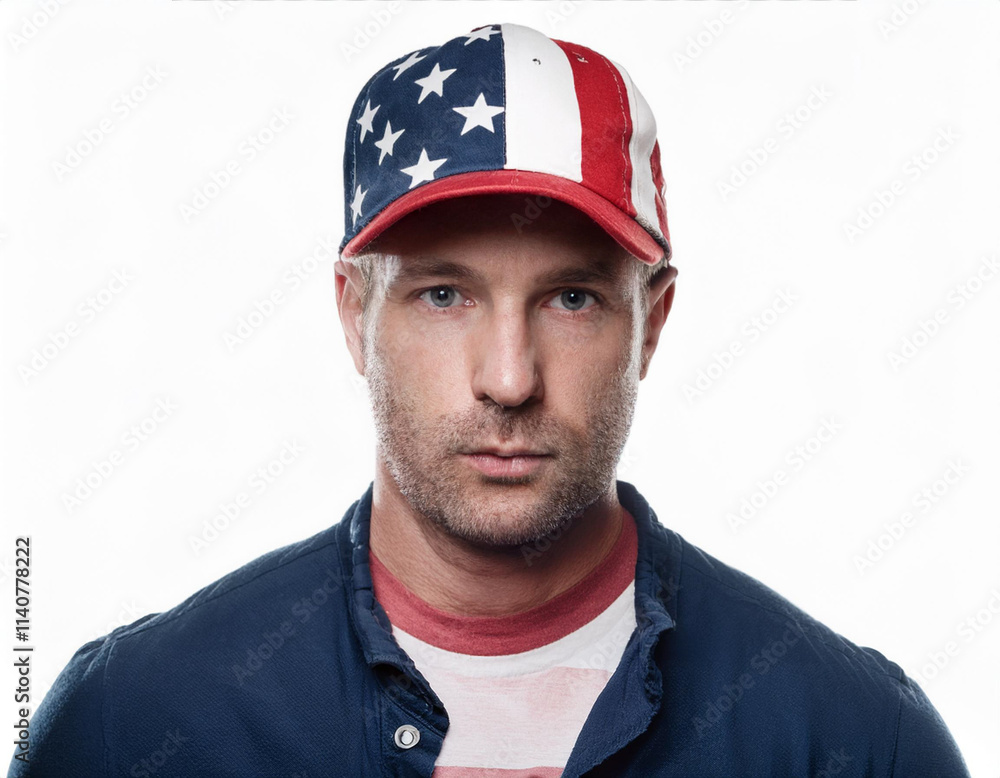 Fototapeta premium Proud American Man in USA Flag Cap