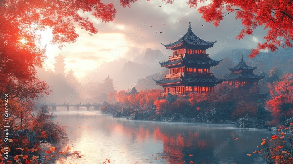 Obraz premium Serene autumnal scene; red leaves, pagoda, river.