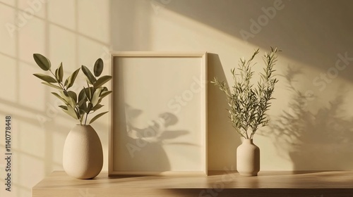 Two minimalist flower vases with greenery on a wooden table, softly illuminated by warm sunlight.
