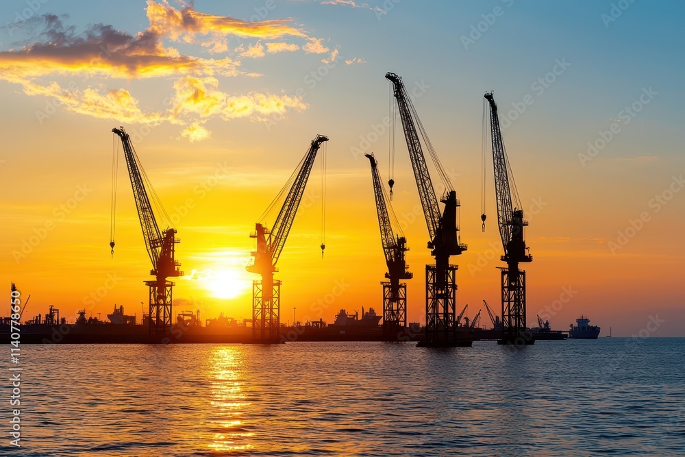 A serene sunset over the water, featuring towering cranes silhouetted against the colorful sky, symbolizing industry and maritime activity. A serene sunset over the water, featuring towering cranes silhouetted against the colorful sky, symbolizing industry and maritime activity.