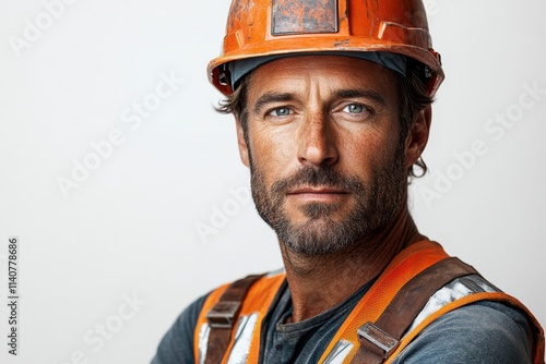 Professional builder standing with safety equipment, perfect for branding or corporate visuals. photo