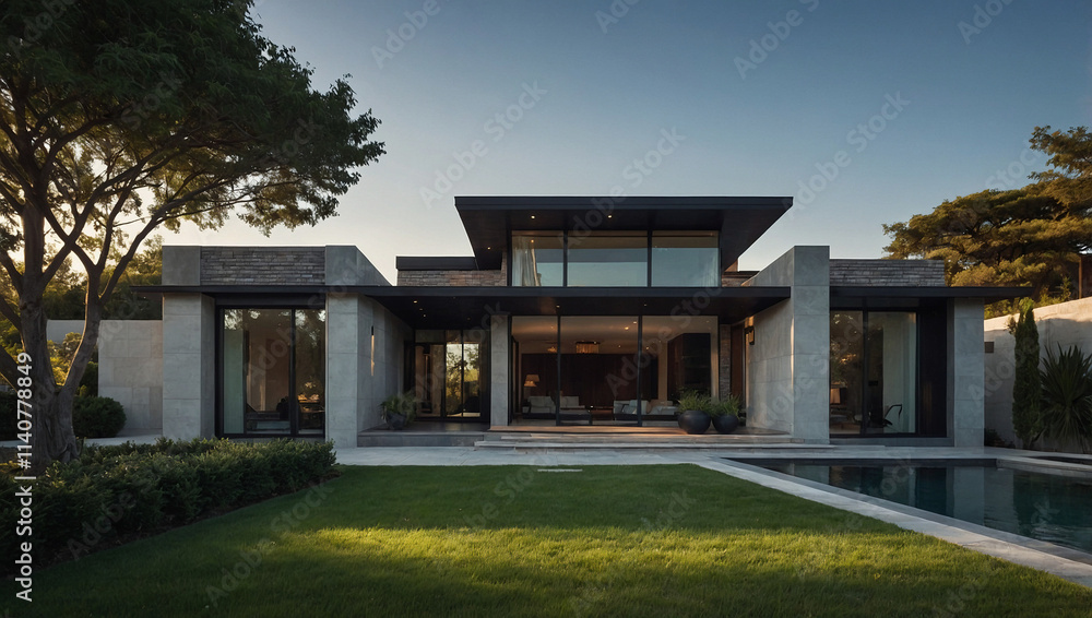 Contemporary single-story house with flat roof, large windows, concrete walls, and a swimming pool. Set in a landscaped yard with lush green grass and trees. Evening light casts shadows. Contemporary single-story house with flat roof, large windows, concrete walls, and a swimming pool. Set in a landscaped yard with lush green grass and trees. Evening light casts shadows.