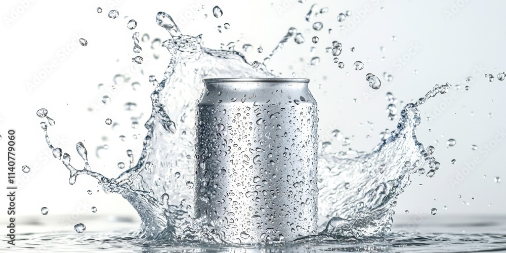Can of soda is in a splash of water Can of soda is in a splash of water