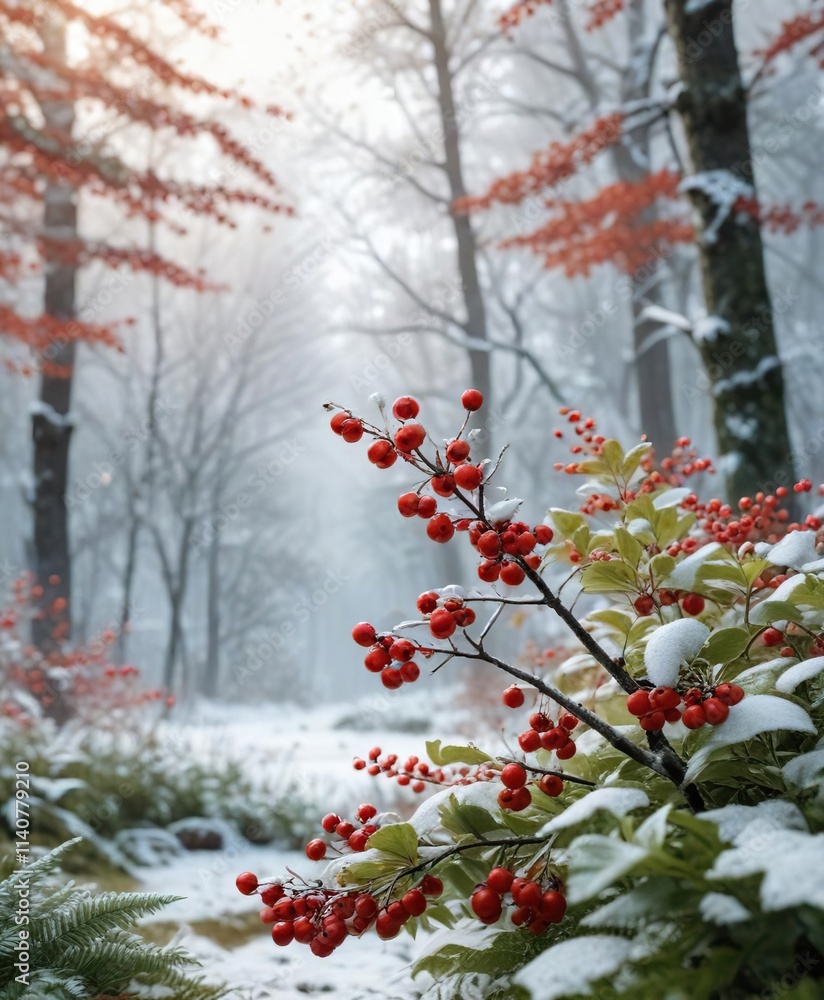 Frosty winter forest scene with white background and red berries against a backdrop of lush green leaves, green leaves, frosty Frosty winter forest scene with white background and red berries against a backdrop of lush green leaves, green leaves, frosty