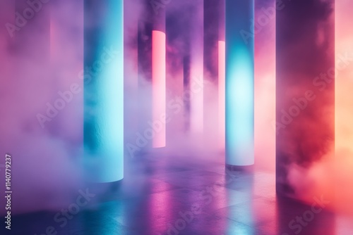 Neon Glowing Pillars in a Smoky Room.