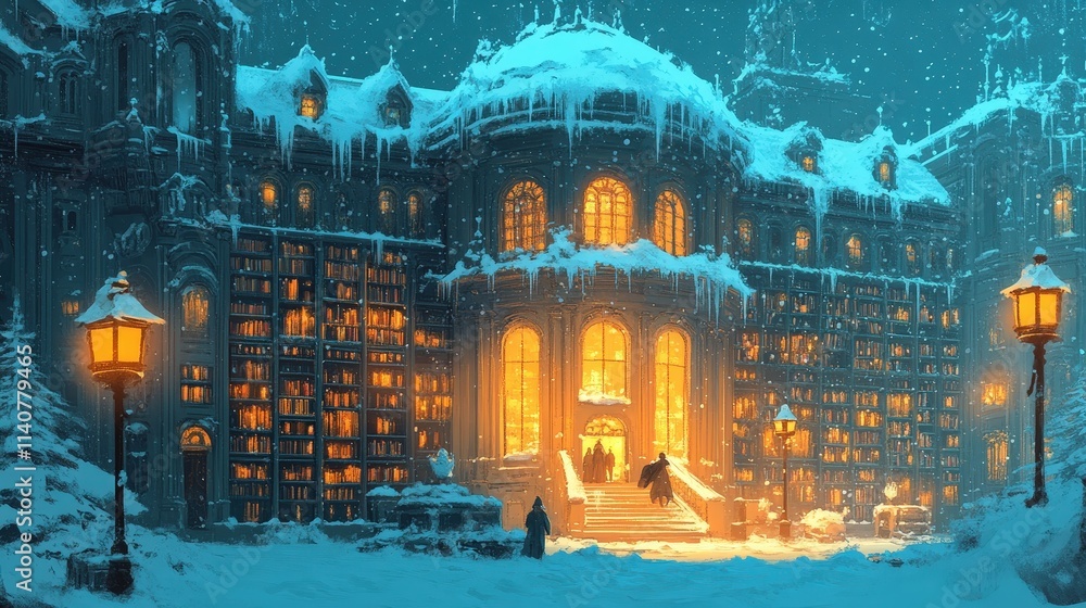 Obraz premium library in the heart of a snowy city, its grand facade covered in frost and its warm interior filled with readers