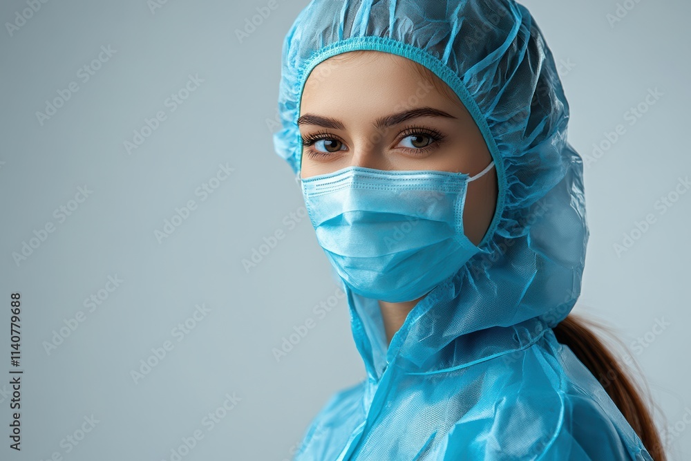 Professional healthcare worker in protective attire, standing confidently on a clean white background for branding use. Professional healthcare worker in protective attire, standing confidently on a clean white background for branding use.