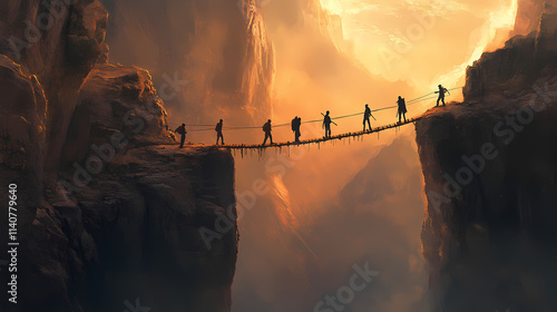 A group of people walk across a chasm on a narrow bridge. they are tethered together by a rope. the first person carries a pencil. the last person holds the other end of the rope. Chasm. Illustration