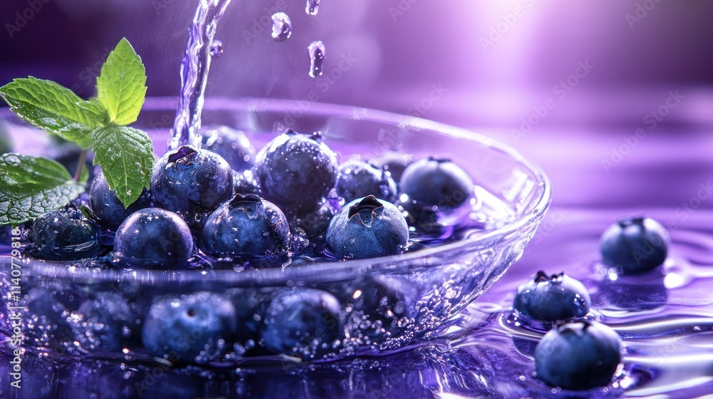 Fresh blueberries in a glass dish with water droplets and mint leaves on a purple background. Fresh blueberries in a glass dish with water droplets and mint leaves on a purple background.