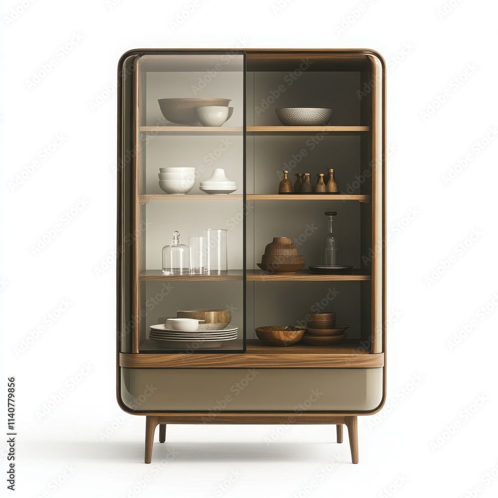 A compact cupboard with multiple shelves and a glass front on a white background A compact cupboard with multiple shelves and a glass front on a white background