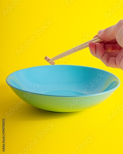 wood chopsticks grasping vitamin pill in blue bowl