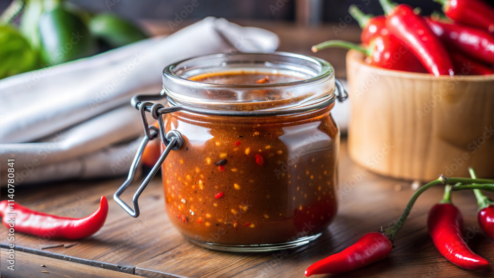 Spicy chili sauce in a jar with fresh chili peppers on a wooden table Spicy chili sauce in a jar with fresh chili peppers on a wooden table
