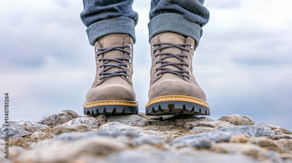 Path of beginning and start exploration, A pair of rugged hiking boots on rocky terrain, symbolizing adventure and outdoor exploration under a cloudy sky. Path of beginning and start exploration, A pair of rugged hiking boots on rocky terrain, symbolizing adventure and outdoor exploration under a cloudy sky.