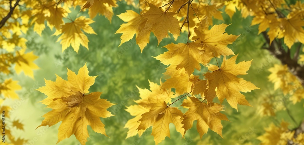 Golden maple leaves against a soft yellow-green background, foliage, brown, natural Golden maple leaves against a soft yellow-green background, foliage, brown, natural
