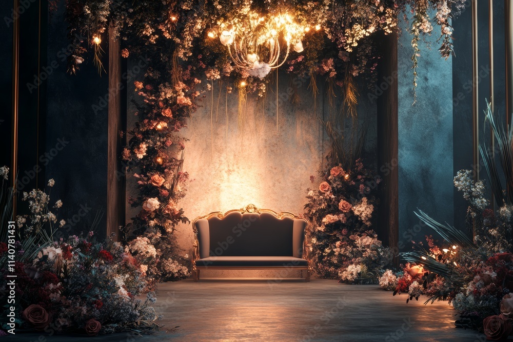 Opulent Floral Setting with Gilded Sofa and Chandelier. Opulent Floral Setting with Gilded Sofa and Chandelier.