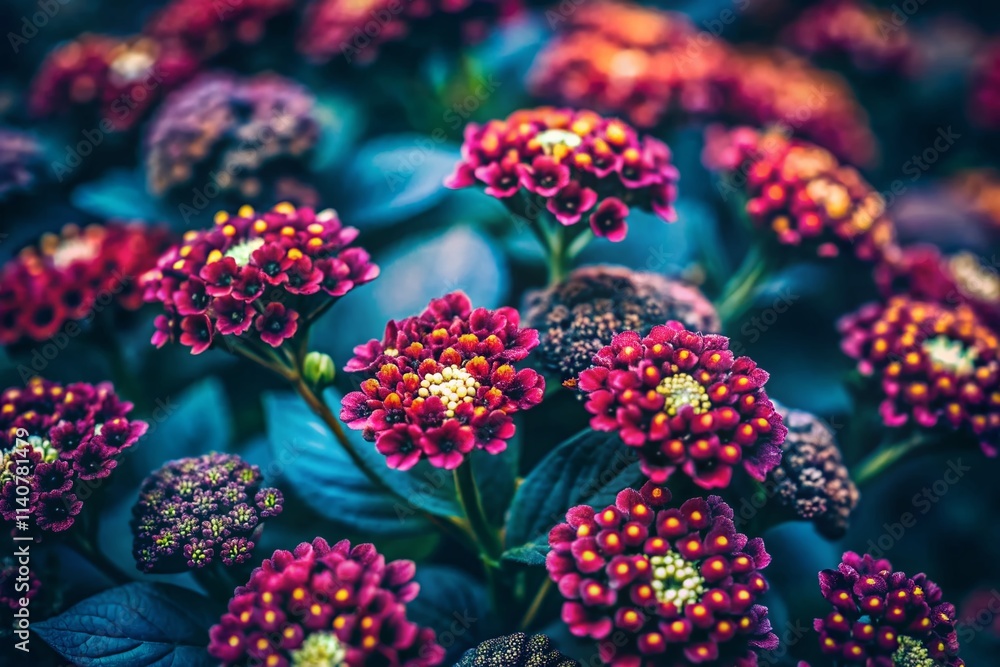 Naklejka premium Vibrant Tiny Dark Flowers, Close Up, Full Frame, Macro Photography, Colorful Bloom, Botanical Photography, Dark Floral Photography, Nature Photography