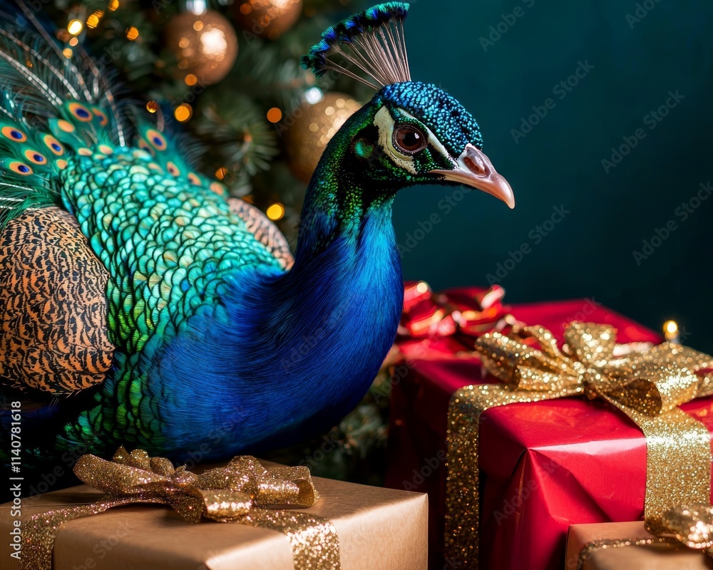 Obraz premium A colorful peacock poses beside festive gifts, creating a vibrant holiday atmosphere with a Christmas tree in the background.