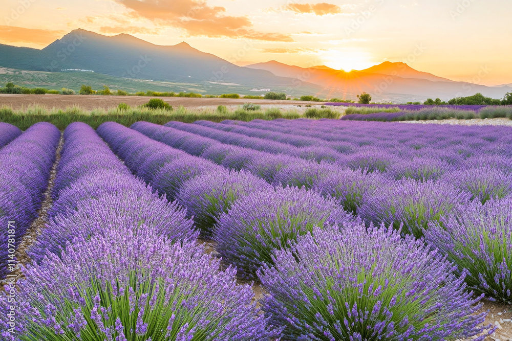 Fototapeta premium Vibrant lavender fields in bloom at sunrise with majestic mountain backdrop