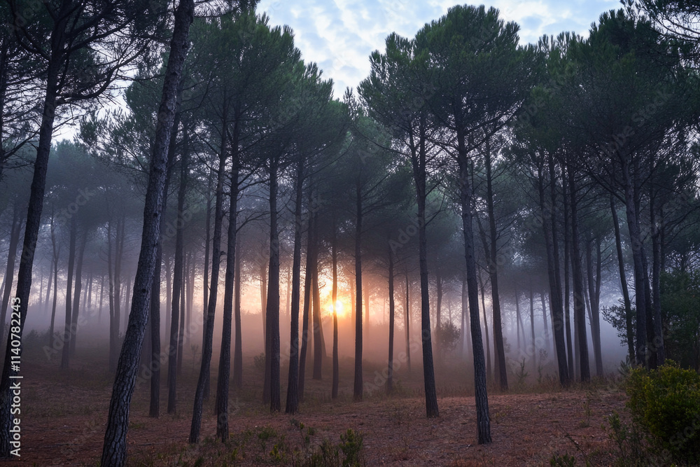 Naklejka premium Misty sunrise in pine forest with sunlight filtering through trees