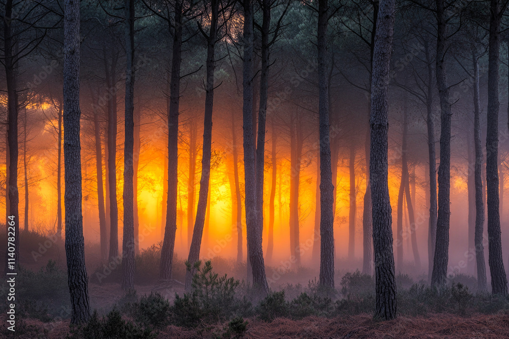 Enchanting forest sunrise with silhouetted trees and misty atmosphere Enchanting forest sunrise with silhouetted trees and misty atmosphere