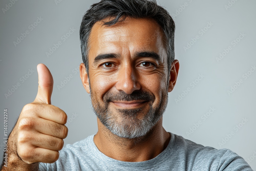Realistic photo of a joyful man giving a thumbs up gesture, tailored for promotional and advertising use. Realistic photo of a joyful man giving a thumbs up gesture, tailored for promotional and advertising use.