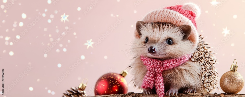A cute hedgehog wearing a festive hat and scarf, surrounded by Christmas ornaments and snowflakes, creating a cheerful holiday atmosphere. A cute hedgehog wearing a festive hat and scarf, surrounded by Christmas ornaments and snowflakes, creating a cheerful holiday atmosphere.