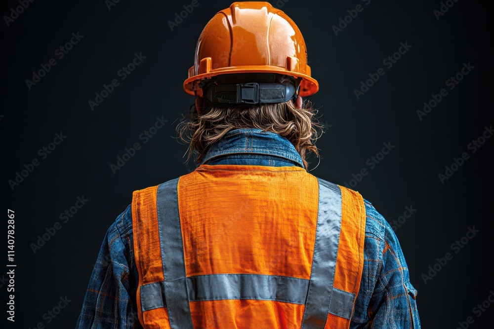 Rear pose of a worker in protective gear, including helmet and vest, isolated in a minimalist style for versatile industrial use. Rear pose of a worker in protective gear, including helmet and vest, isolated in a minimalist style for versatile industrial use.