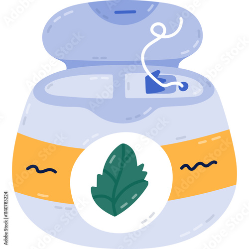 Funny cartoon dental floss in open round case with mint taste. Cute hand drawn container of teeth string with label for interdental cleansing. Health care, stomatology tool clipart isolated on white