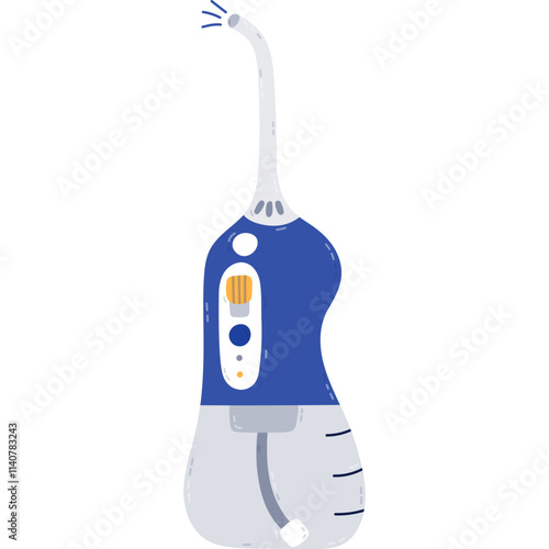 Cute cartoon electronic oral and gum irrigator for dental hygiene and mouth care. Hand drawn tooth and cavity home healthcare clipart. Funny childish illustration of water flosser isolated on white.