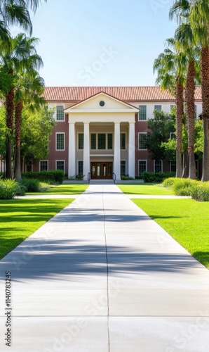 Elegant College Campus with Palms and Clear Pathway Leading to Historic Academic Building