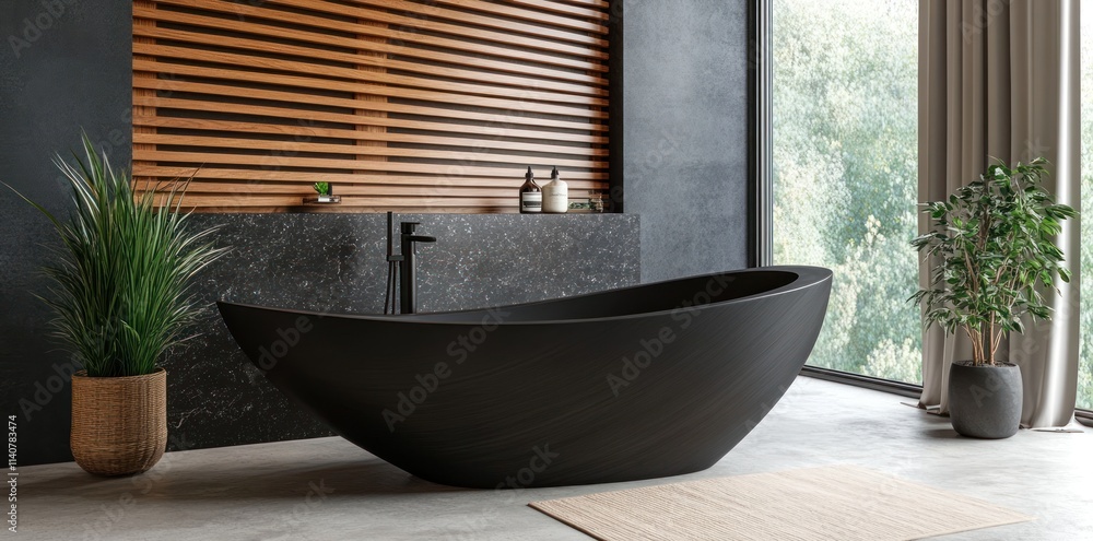 A modern bathroom featuring a sleek black bathtub and natural elements for relaxation. A modern bathroom featuring a sleek black bathtub and natural elements for relaxation.