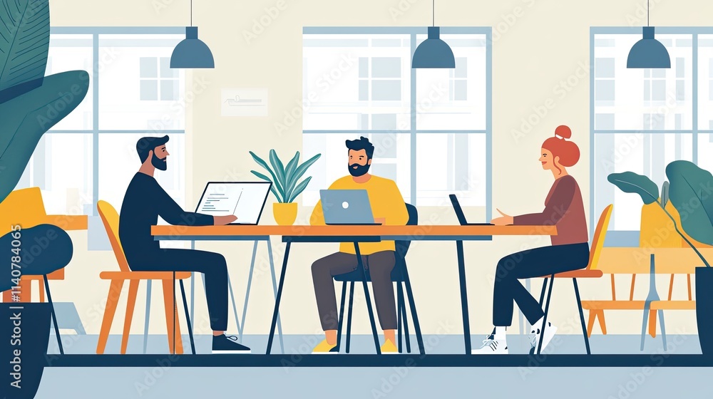 Three coworkers collaborate on laptops at a long table in a modern office. Three coworkers collaborate on laptops at a long table in a modern office.