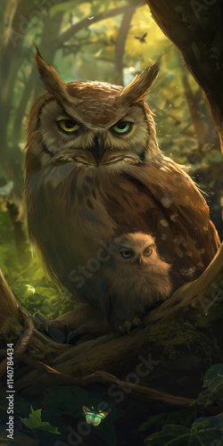 An illustrated scene of an owl and her chick nestled in their forest tree, bathed in gentle, golden sunlight