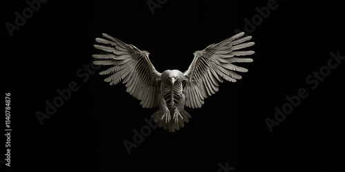 A lifelike sculpture of a skeletal bird with outstretched wings, isolated against a black background. photo