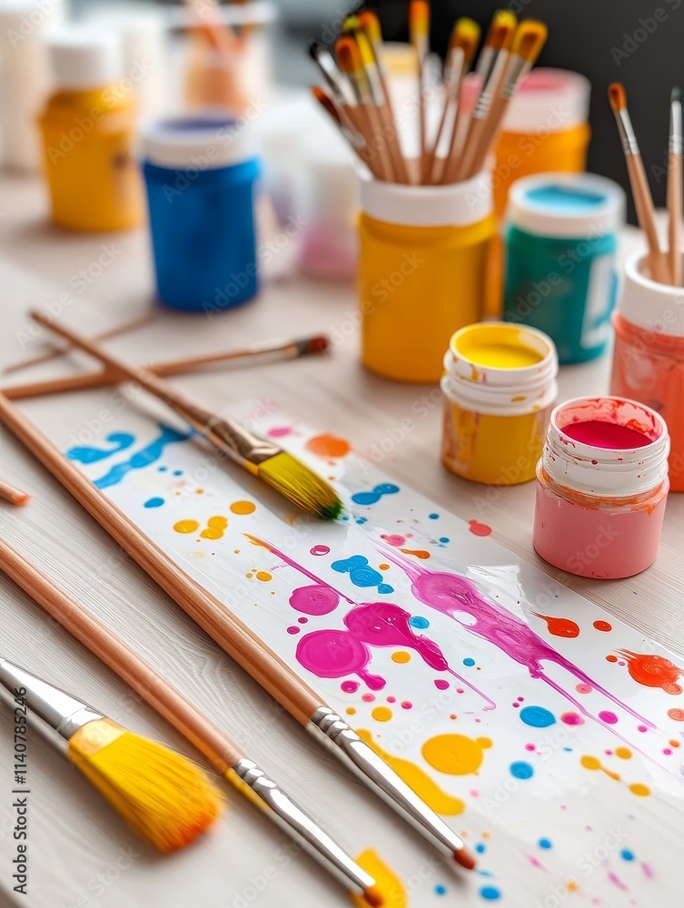 Naklejka premium Colorful Craft Paintbrush Marbling Art - Vibrant paint splatters on a craft surface, showcasing colorful marbling tools and paintbrushes. Creative, artistic, expressive, colorful, playful.